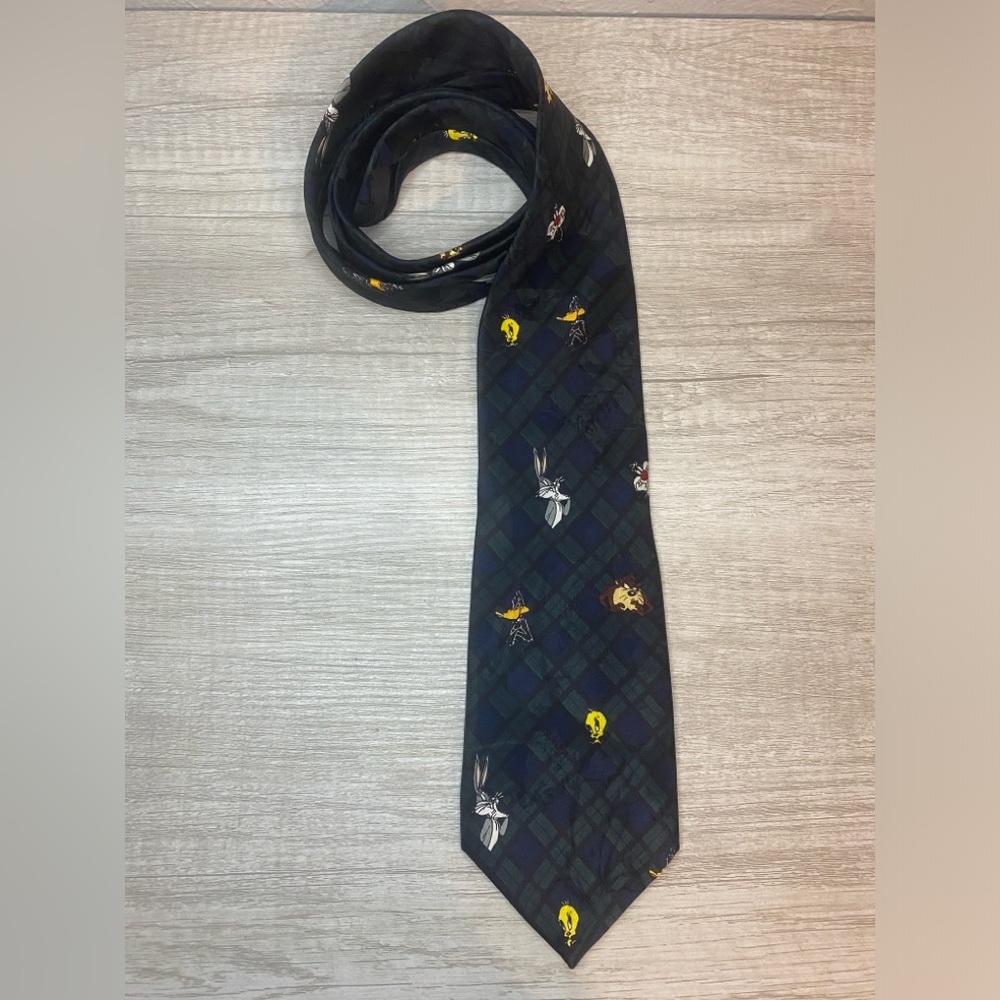 Vtg Looney Tunes Mania Necktie Men’s Tie Green Blue Plaid Bugs Bunny Taz Tweety